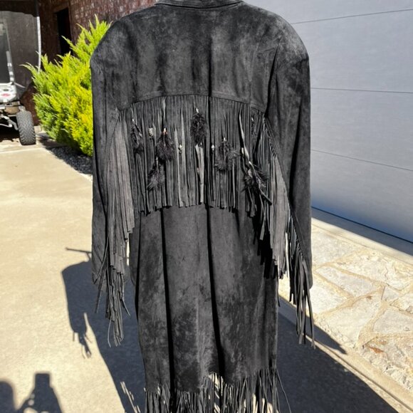 Women's Vintage (90s) Black Leather Fringe Western Duster - Picture 2 of 10